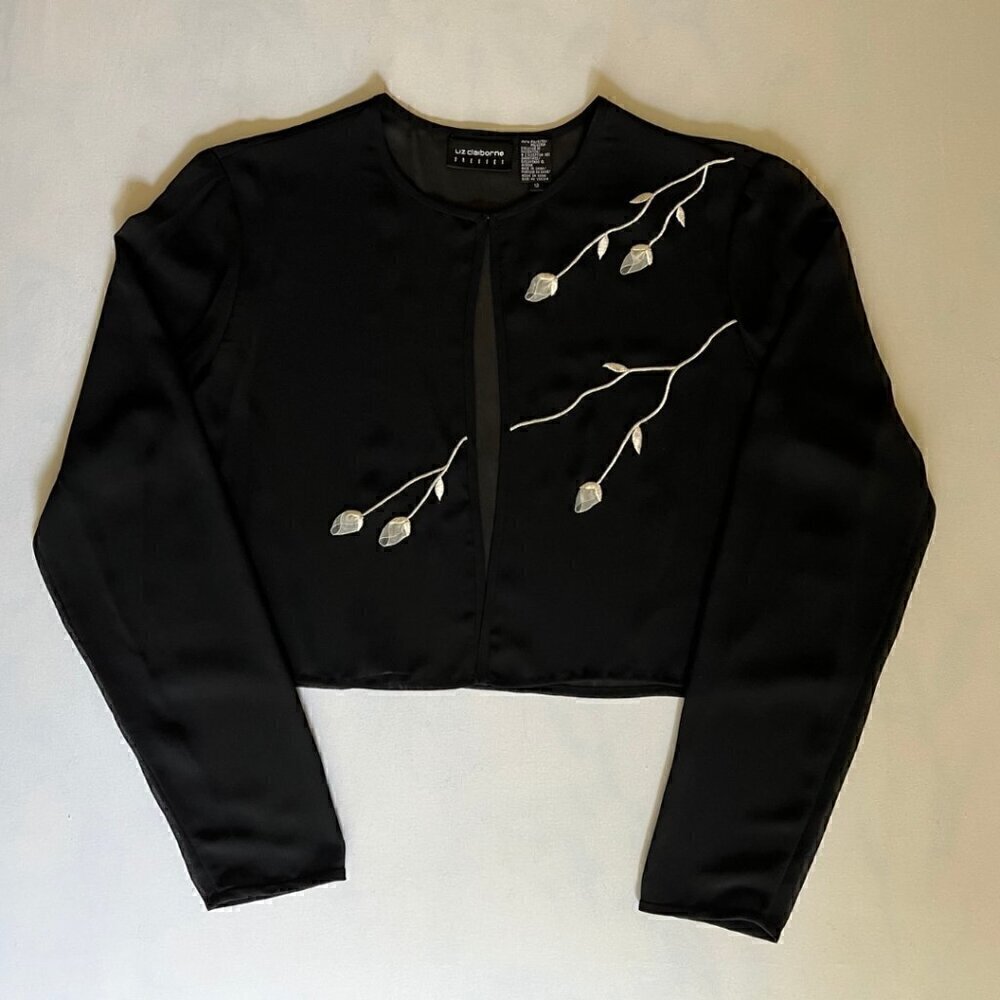 2000's Liz Claiborne Sheer Black & White Rose Embroidered Long Sleeve Blouse